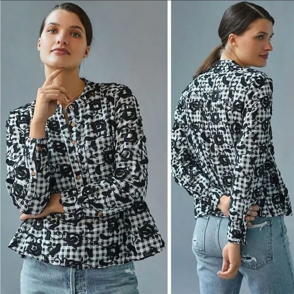 Anthropologie Pilcro The Whitney Trapeze Embroidered Buttondown Shirt Black XS - Picture 6 of 10